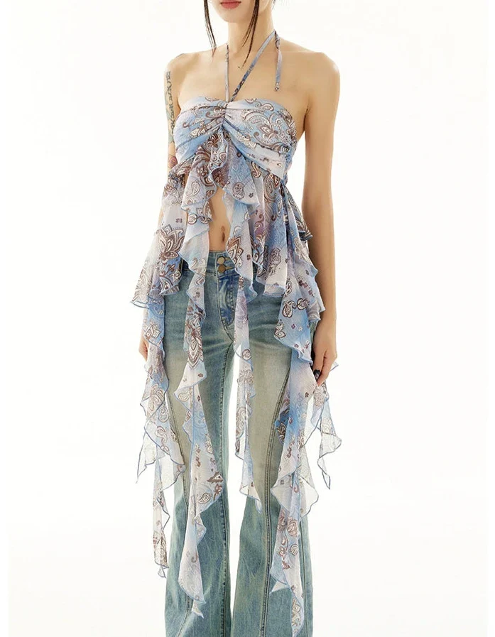 Plaid Halter Neck Ruffle Hem Top - Image 8