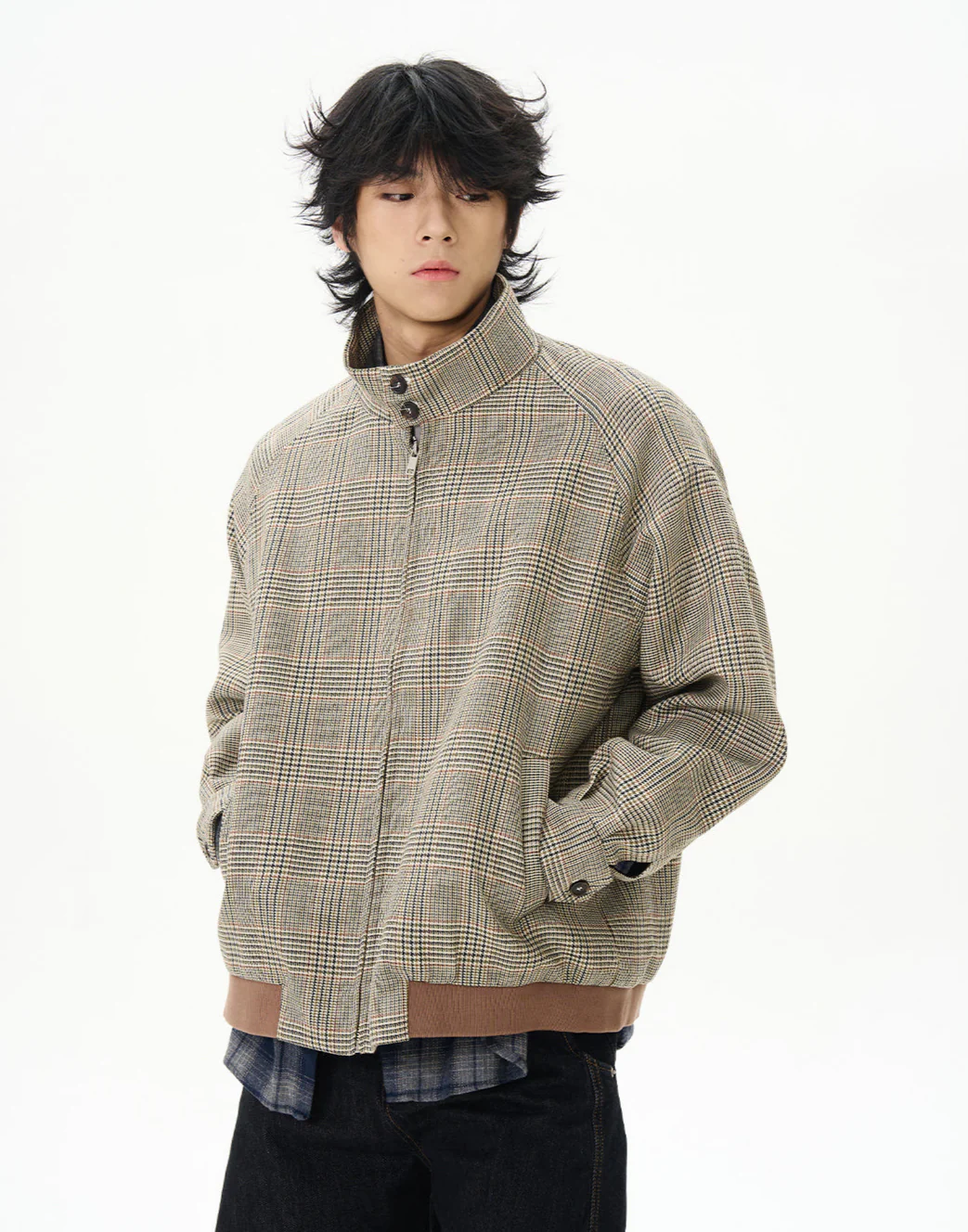 Plaid High Collar Zip Bomber Jacket - Image 2