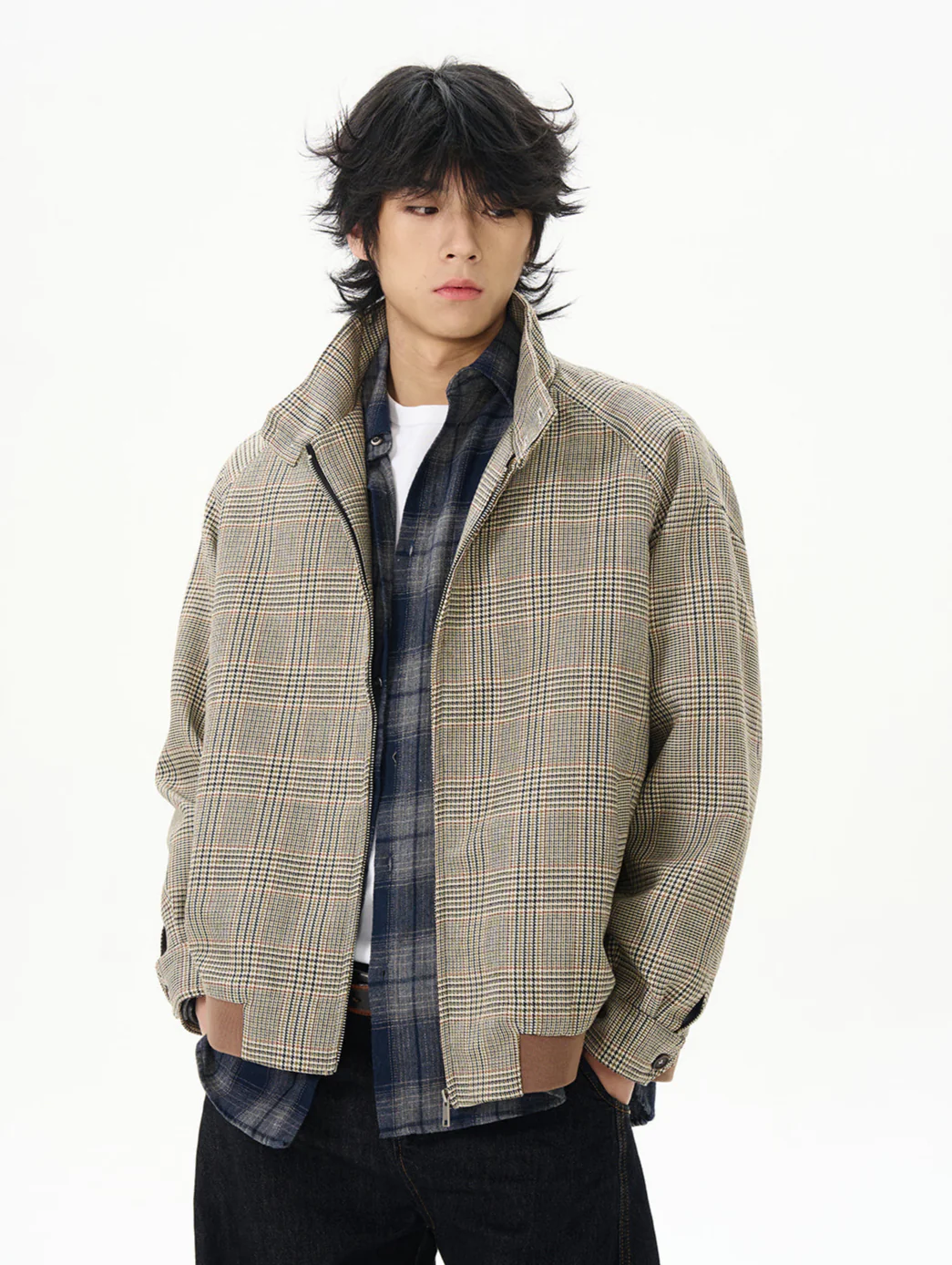 Plaid High Collar Zip Bomber Jacket - Image 3