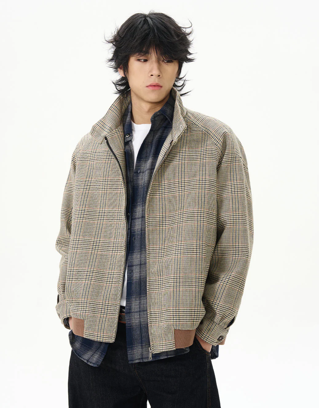 Plaid High Collar Zip Bomber Jacket - Image 4