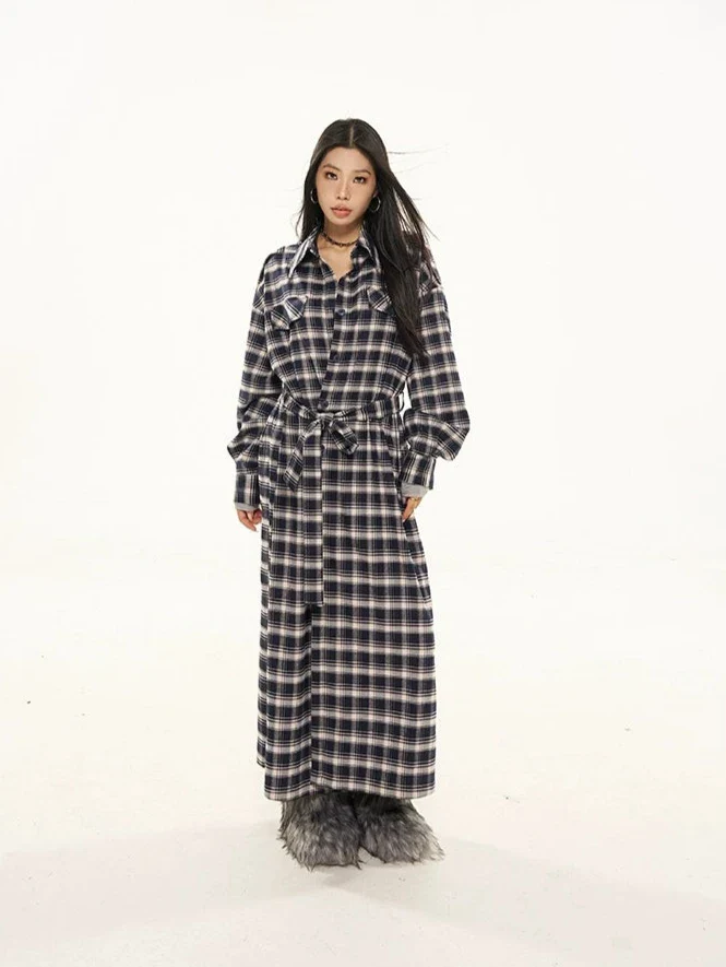 Plaid Longline Lightweight Coat with Fringe Detail