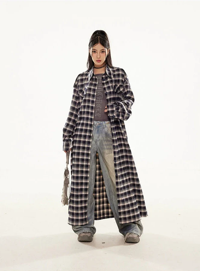 Plaid Longline Lightweight Coat with Fringe Detail - Image 2