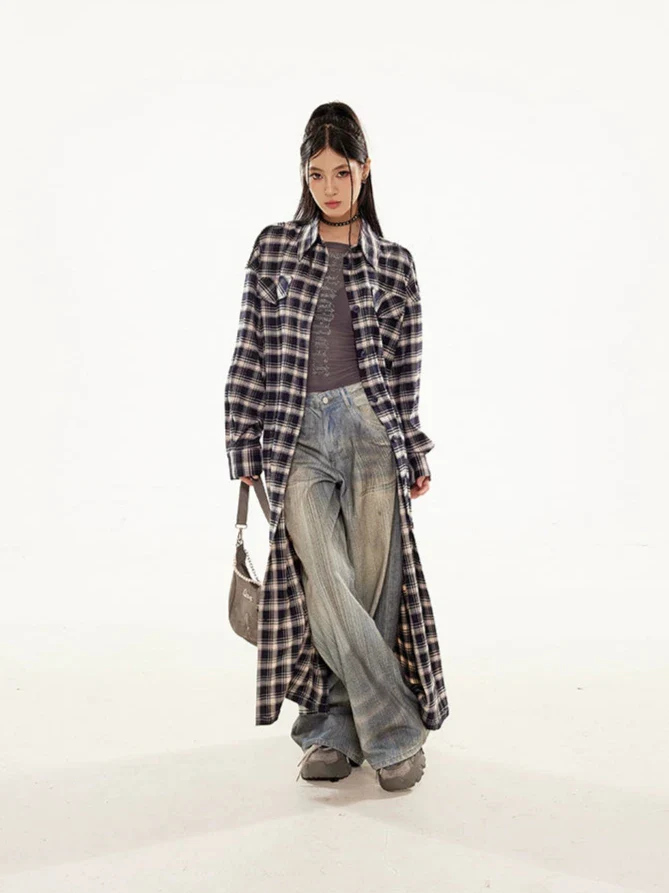 Plaid Longline Lightweight Coat with Fringe Detail - Image 3