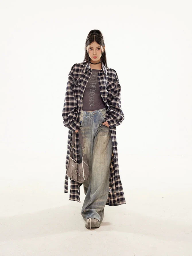 Plaid Longline Lightweight Coat with Fringe Detail - Image 4