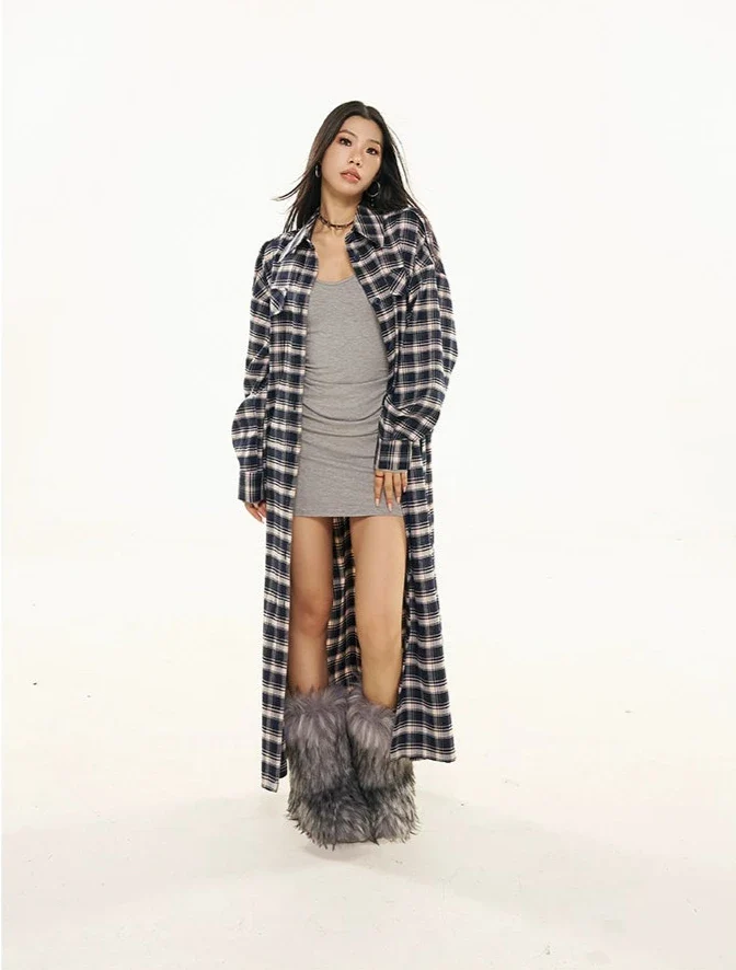 Plaid Longline Lightweight Coat with Fringe Detail - Image 6