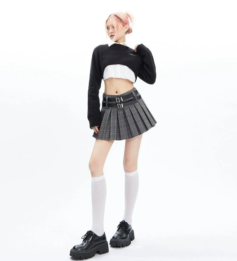 Plaid Pleated Double-Belted Mini Skirt - Image 15
