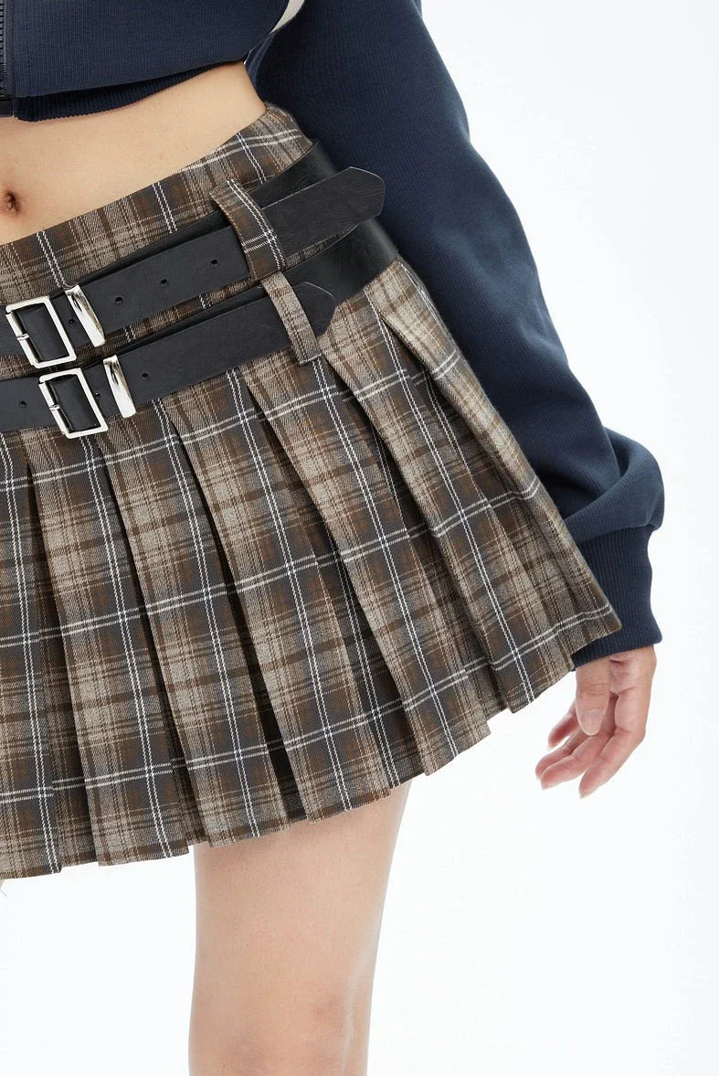 Plaid Pleated Double-Belted Mini Skirt - Image 3