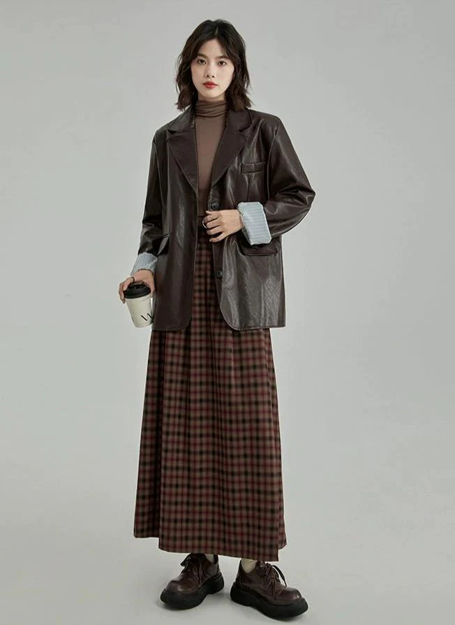 Plaid Pleated Maxi Skirt with Elastic Waist - Image 14