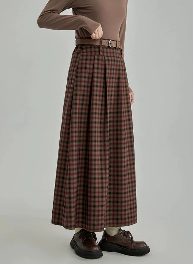 Plaid Pleated Maxi Skirt with Elastic Waist - Image 2
