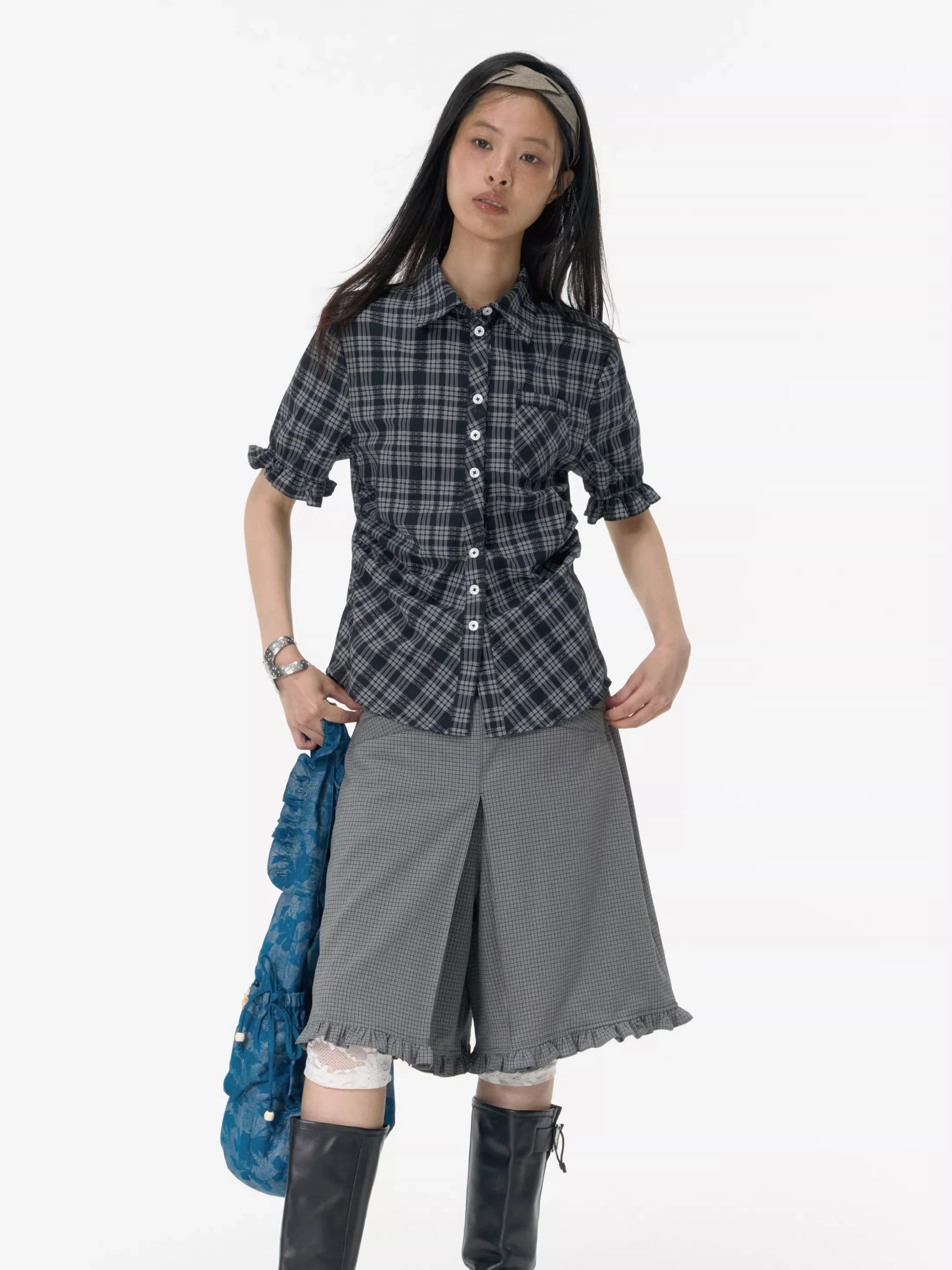 Plaid Ruched Button Blouse with Ruffle Trim Sleeves