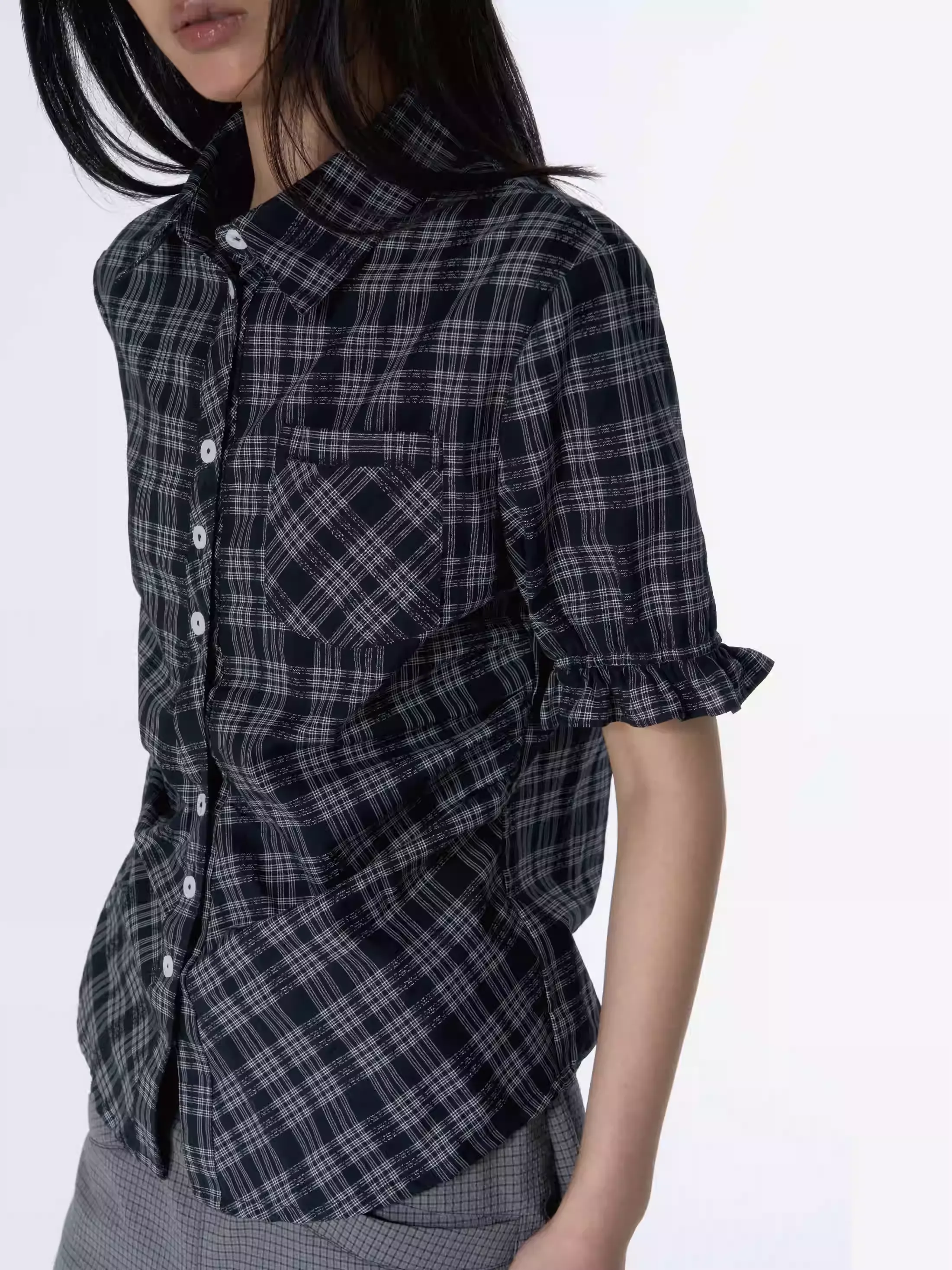 Plaid Ruched Button Blouse with Ruffle Trim Sleeves - Image 2