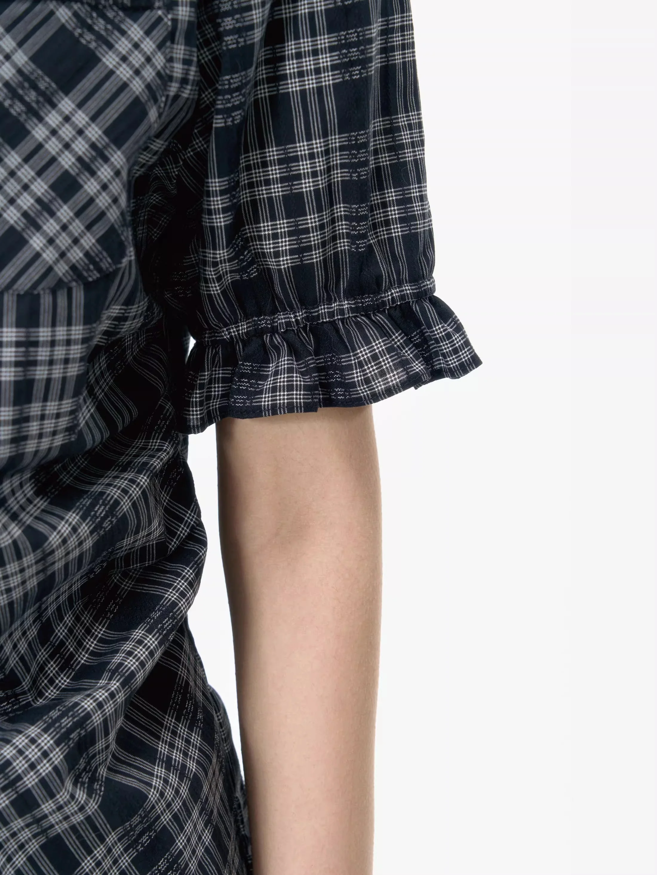 Plaid Ruched Button Blouse with Ruffle Trim Sleeves - Image 3
