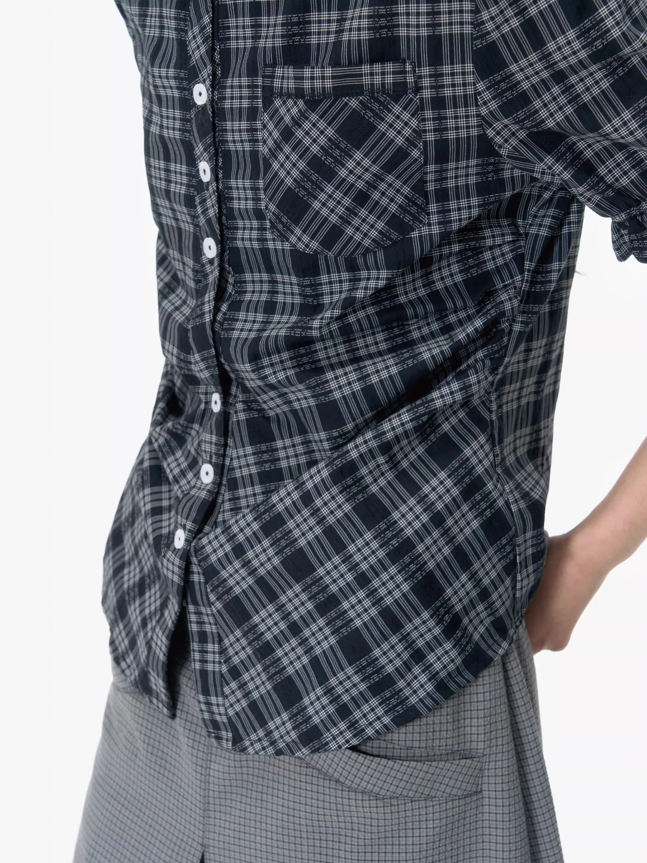 Plaid Ruched Button Blouse with Ruffle Trim Sleeves - Image 4