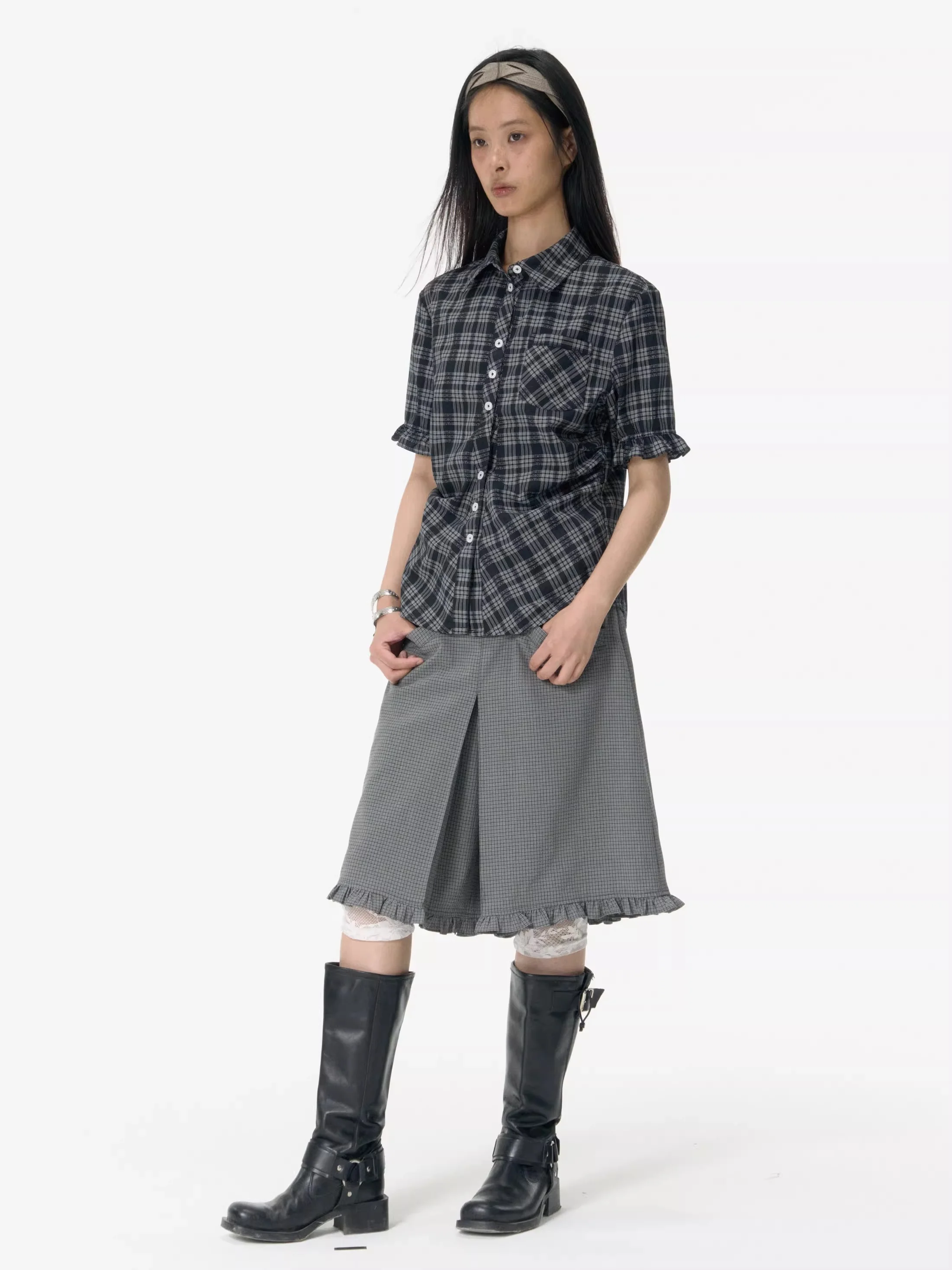 Plaid Ruched Button Blouse with Ruffle Trim Sleeves - Image 5