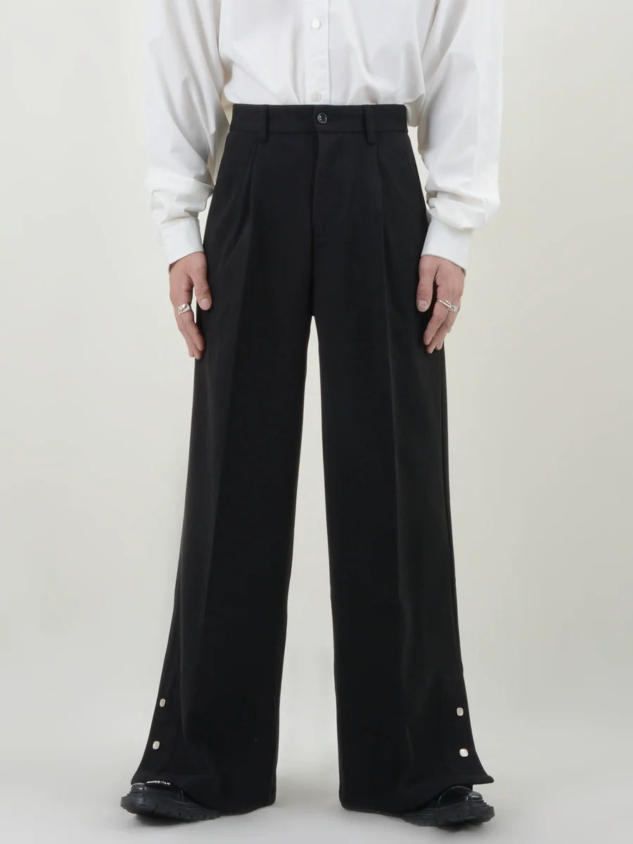 Pleated Button Hem Wide-Leg Trousers - Image 2