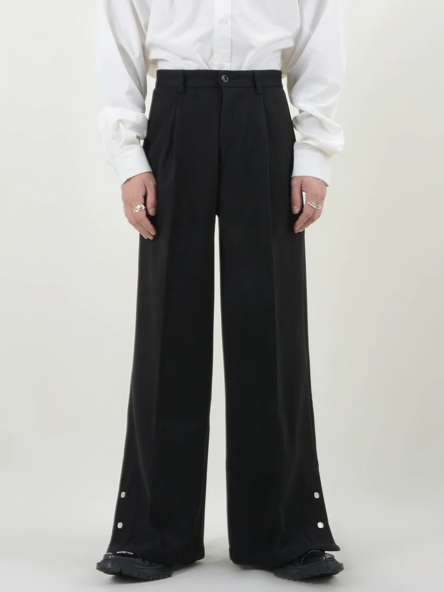 Pleated Button Hem Wide-Leg Trousers - Image 3