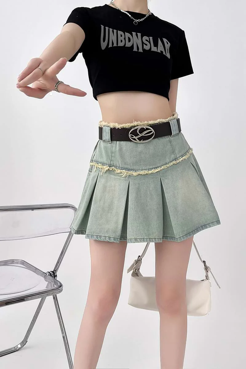 Pleated Denim Mini Skirt