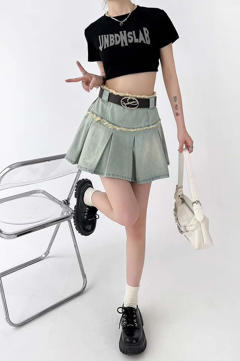Pleated Denim Mini Skirt - Image 10