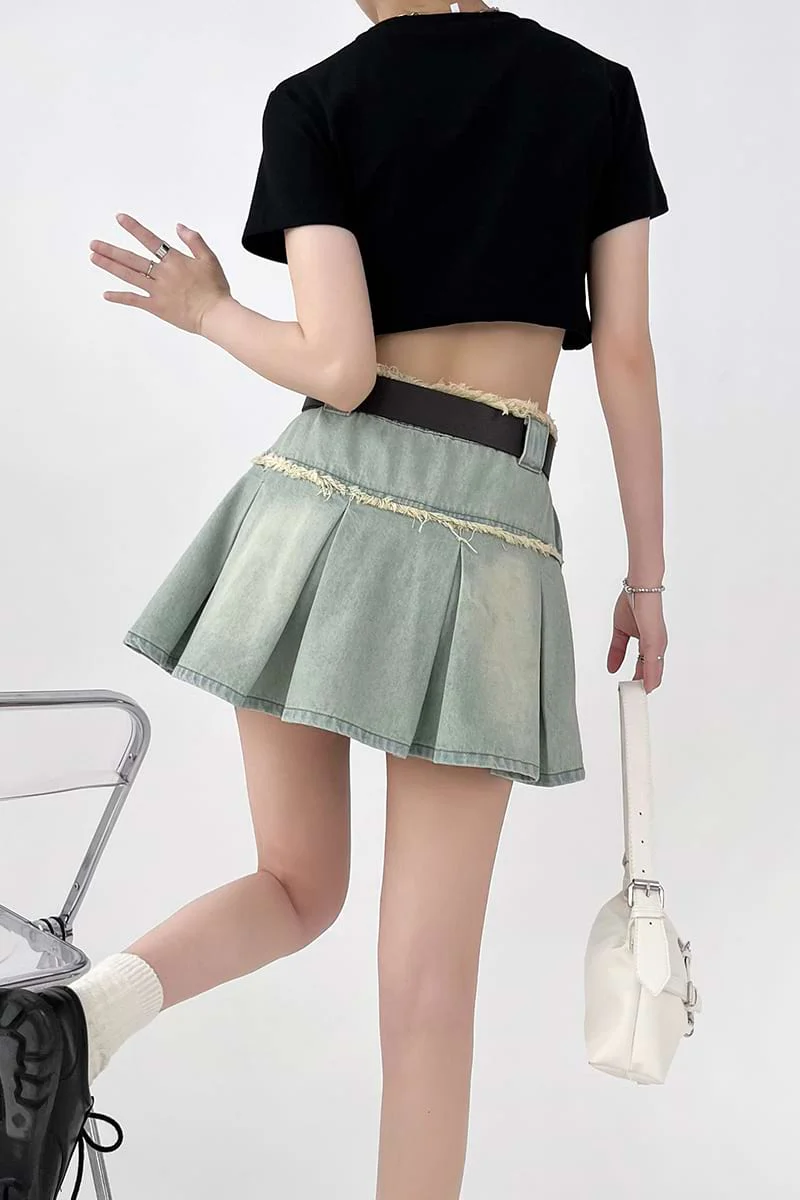 Pleated Denim Mini Skirt - Image 16