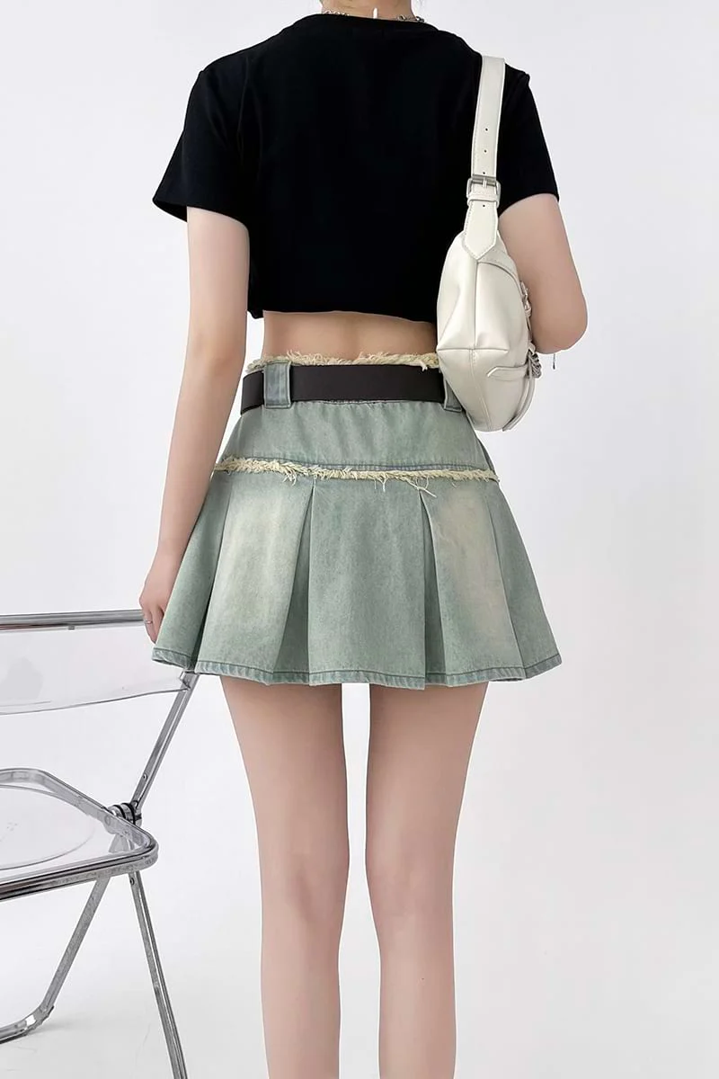 Pleated Denim Mini Skirt - Image 17