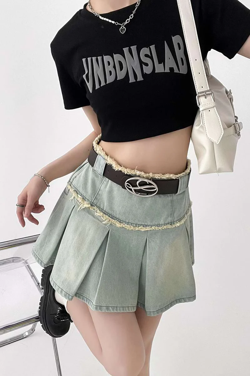 Pleated Denim Mini Skirt - Image 2