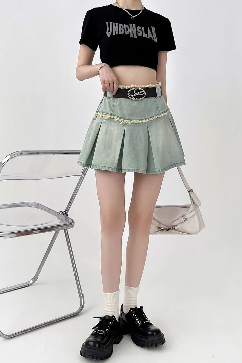 Pleated Denim Mini Skirt - Image 4