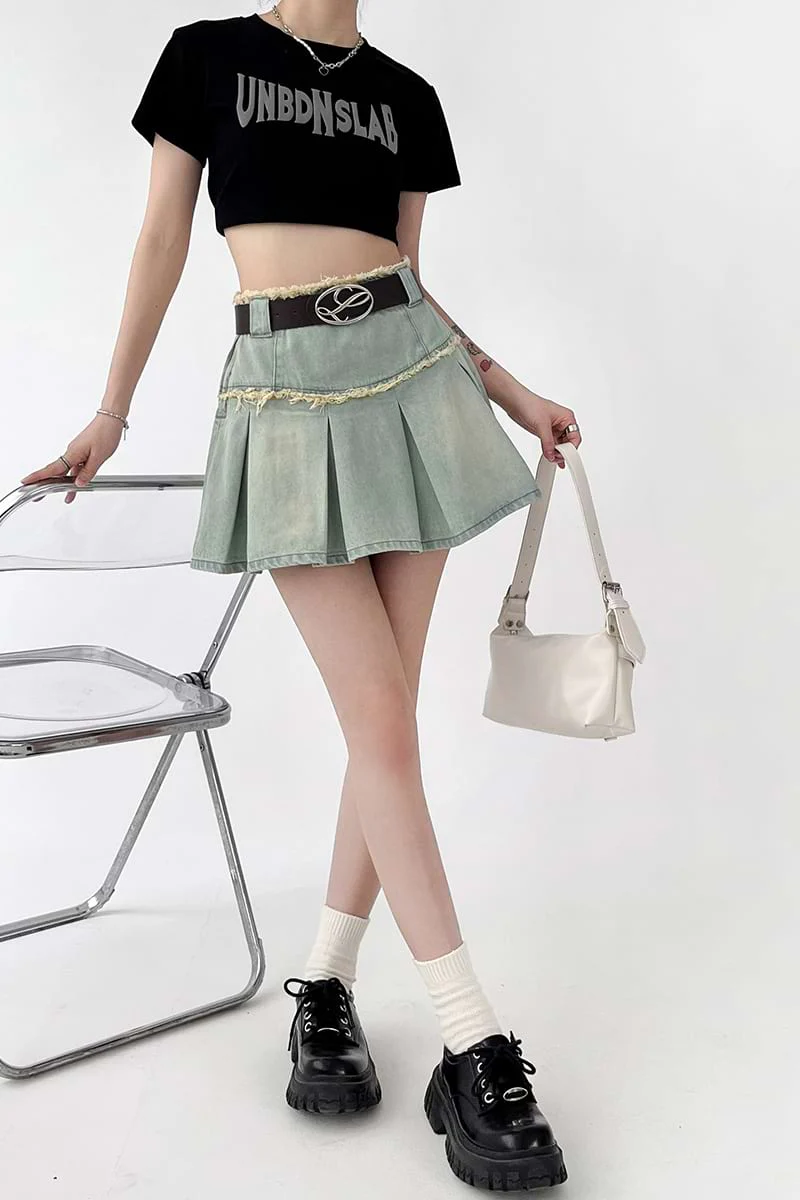 Pleated Denim Mini Skirt - Image 6