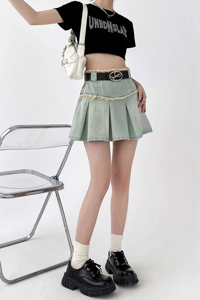Pleated Denim Mini Skirt - Image 8
