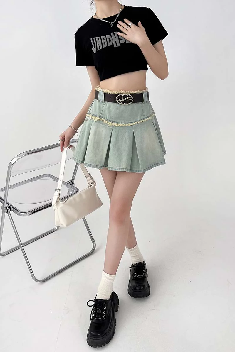 Pleated Denim Mini Skirt - Image 9