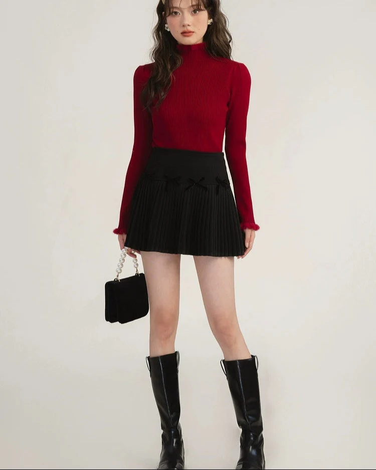 Pleated High-Waist Mini Skirt with Bow Accents - Image 33