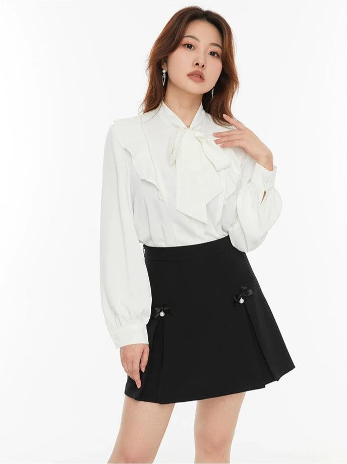 Pleated Mini Skirt with Bow and Faux Pearl Accents - Image 2