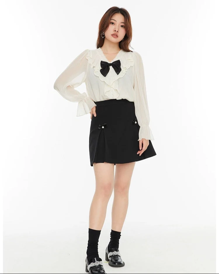 Pleated Mini Skirt with Bow and Faux Pearl Accents - Image 8