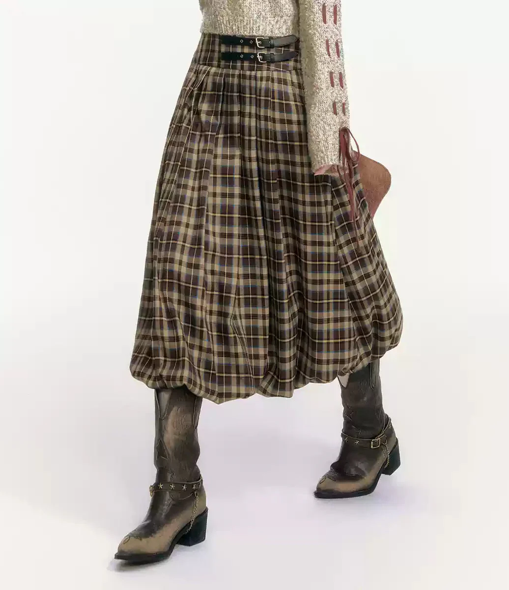 Pleated Plaid Balloon Midi Skirt with Belt Details