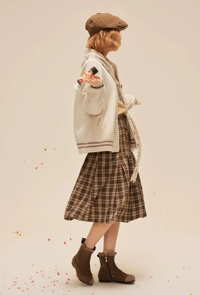 Pleated Plaid Midi Skirt with Button Detail - Image 11