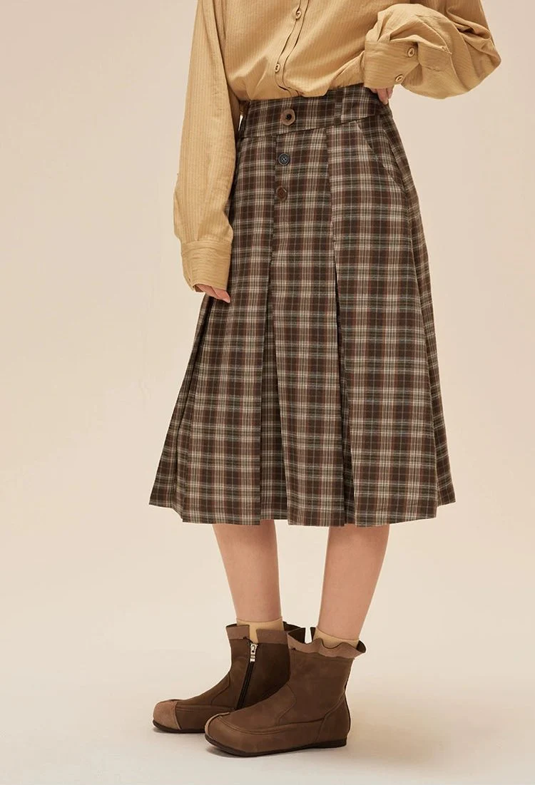 Pleated Plaid Midi Skirt with Button Detail - Image 2