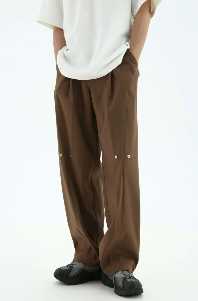 Pleated Straight Fit Pants with Knee Buttons - Image 3