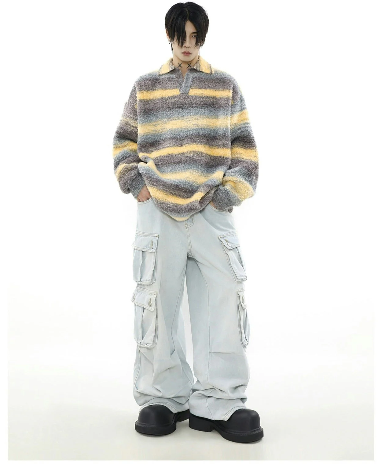 Plush Striped Open Collar Fuzzy Pullover - Image 11