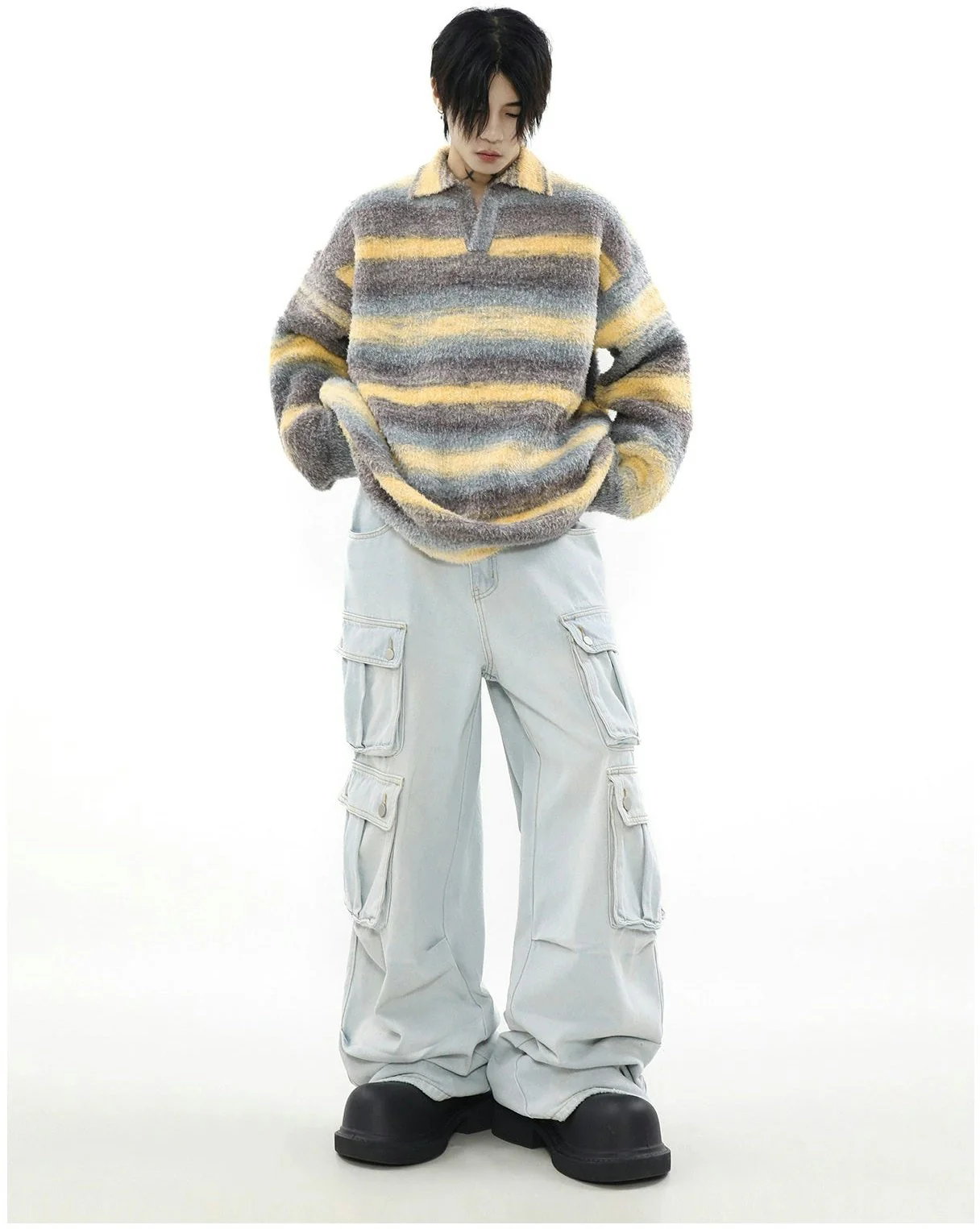 Plush Striped Open Collar Fuzzy Pullover - Image 12