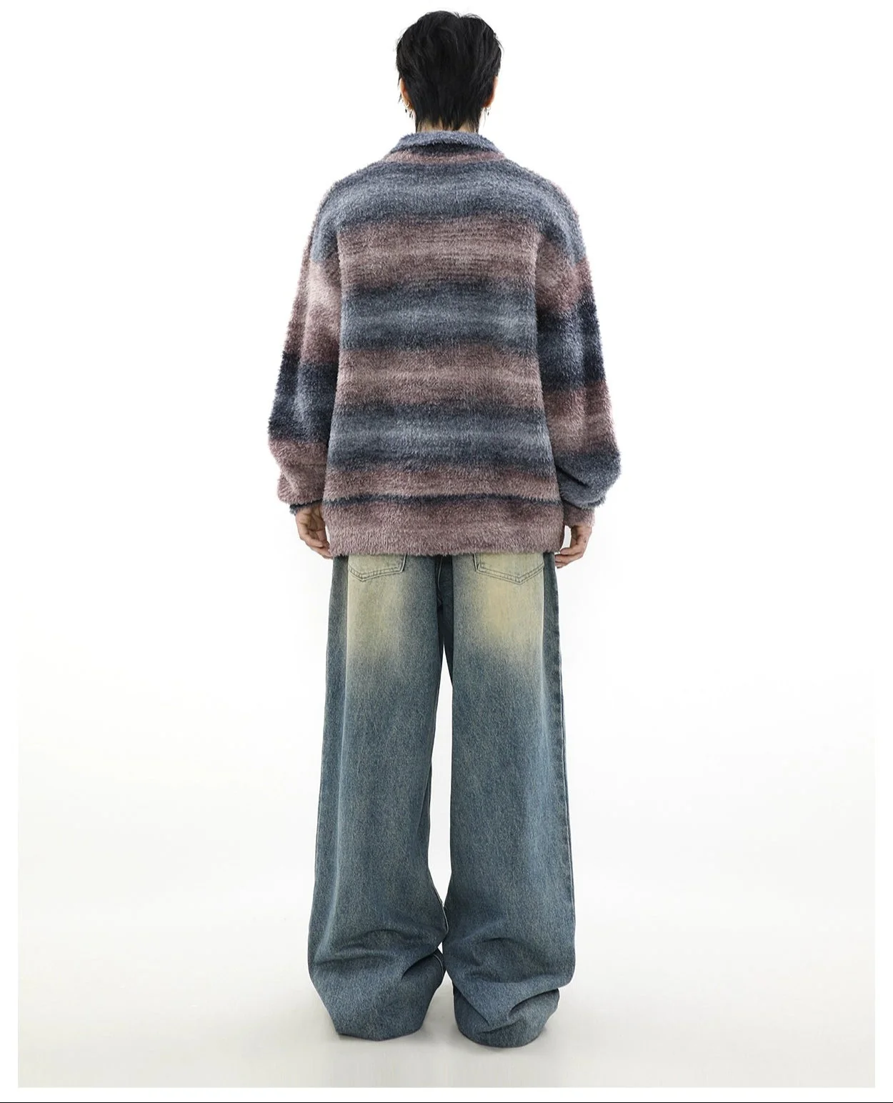 Plush Striped Open Collar Fuzzy Pullover - Image 6
