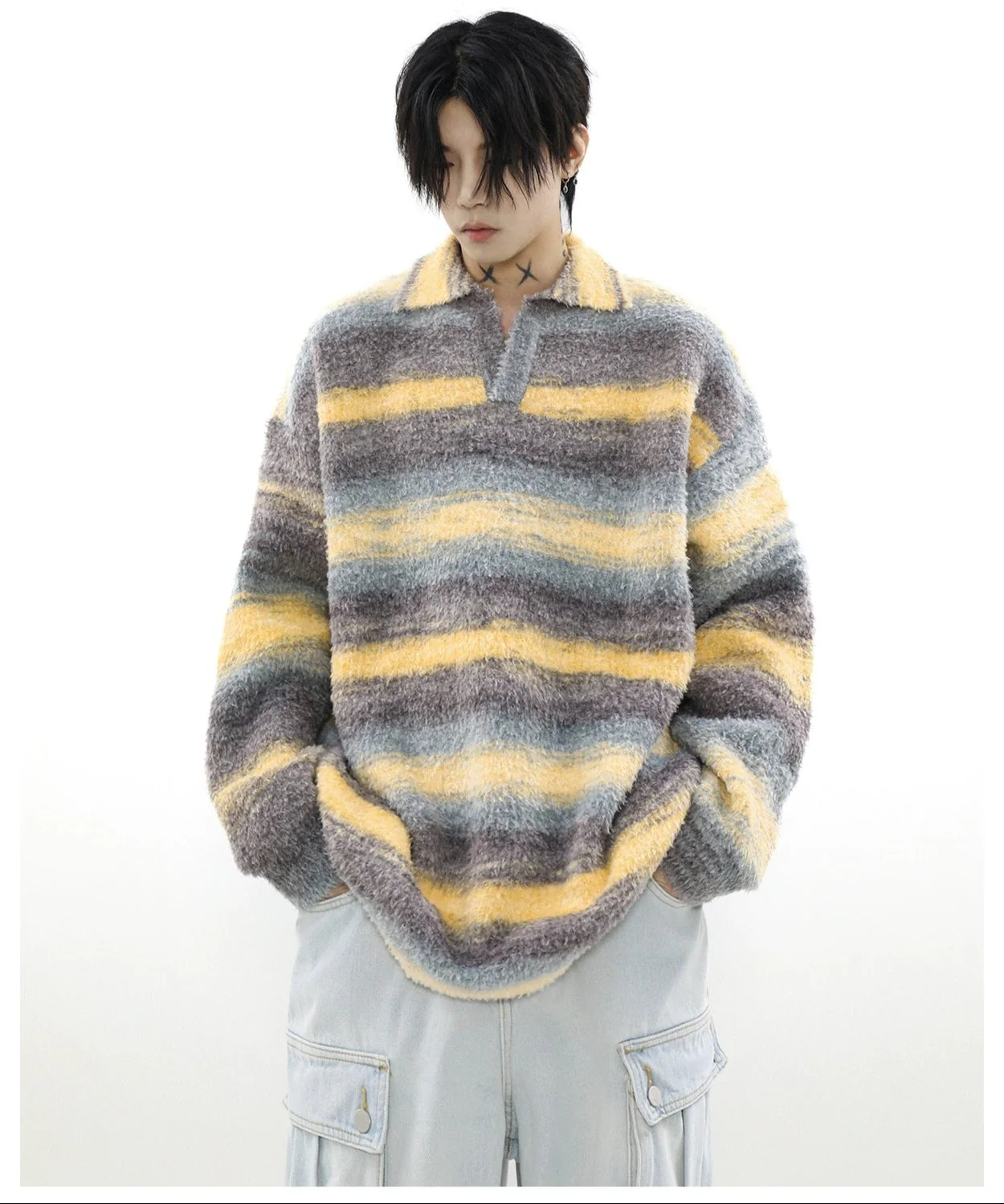 Plush Striped Open Collar Fuzzy Pullover - Image 8