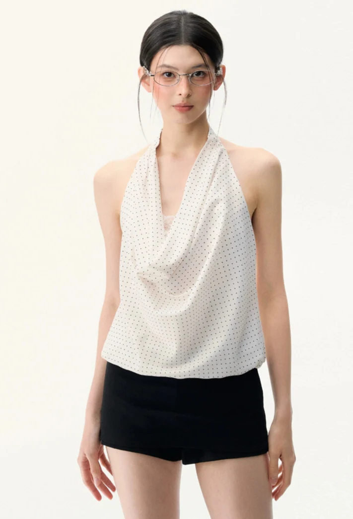 Polka Dot Halter Neck Cowl Top - Image 2