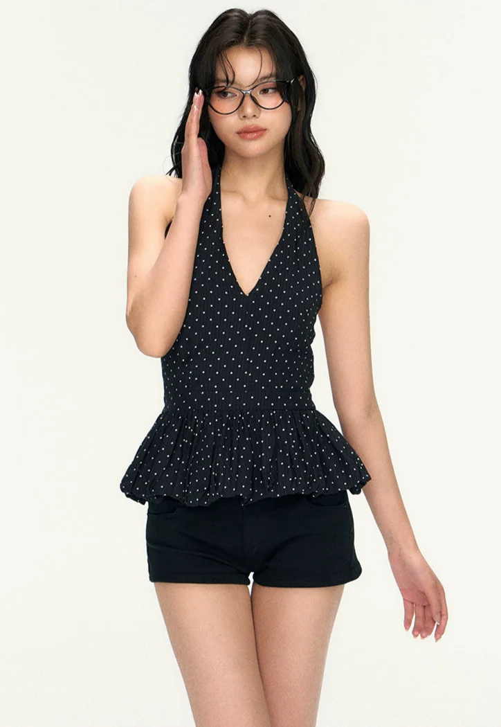 Polka Dot Halter Neck Peplum Top - Image 2