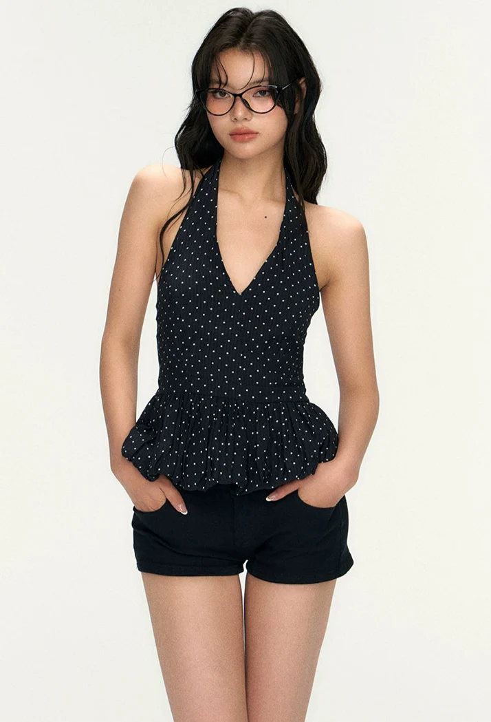 Polka Dot Halter Neck Peplum Top - Image 3