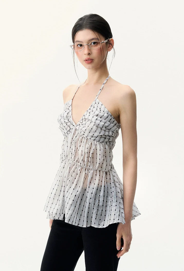 Polka Dot Halter Neck Smocked Peplum Top - Image 5