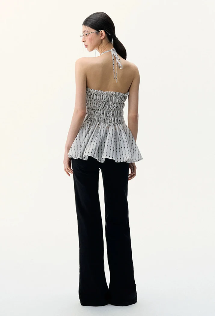 Polka Dot Halter Neck Smocked Peplum Top - Image 6
