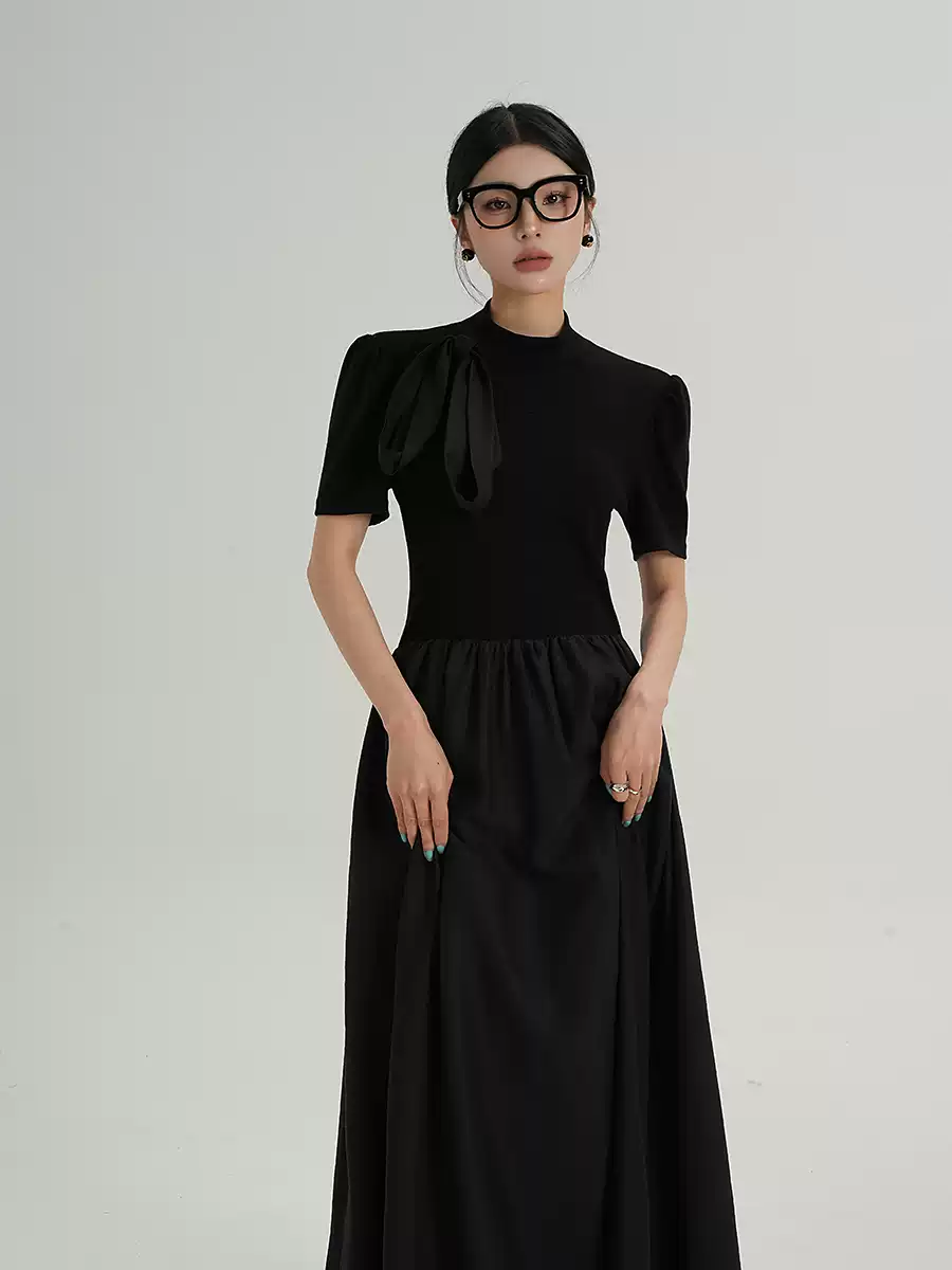 Puff Sleeve Mock Neck Maxi Dress with Bow Detail and Back Cutout - Image 2