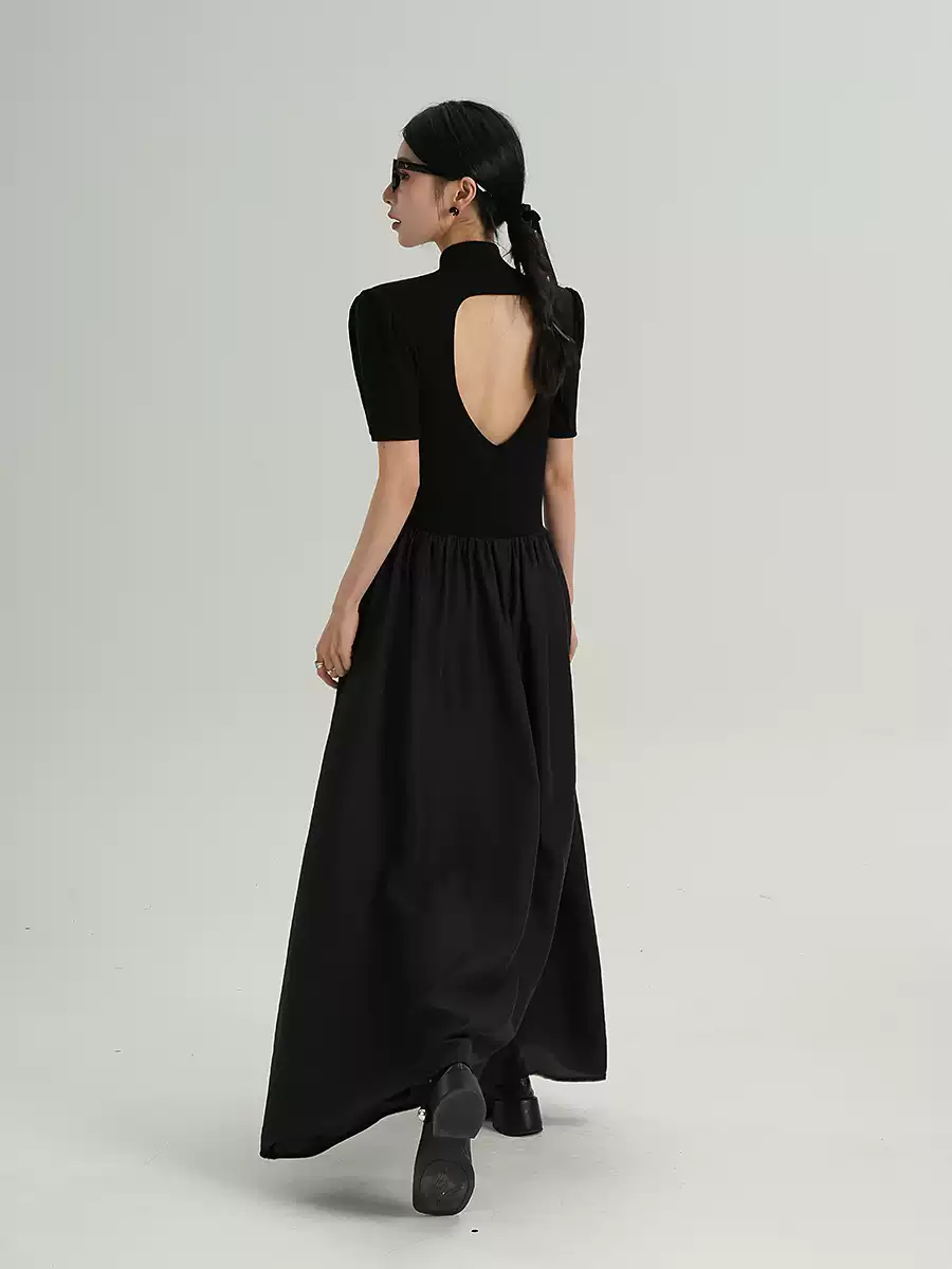Puff Sleeve Mock Neck Maxi Dress with Bow Detail and Back Cutout - Image 3