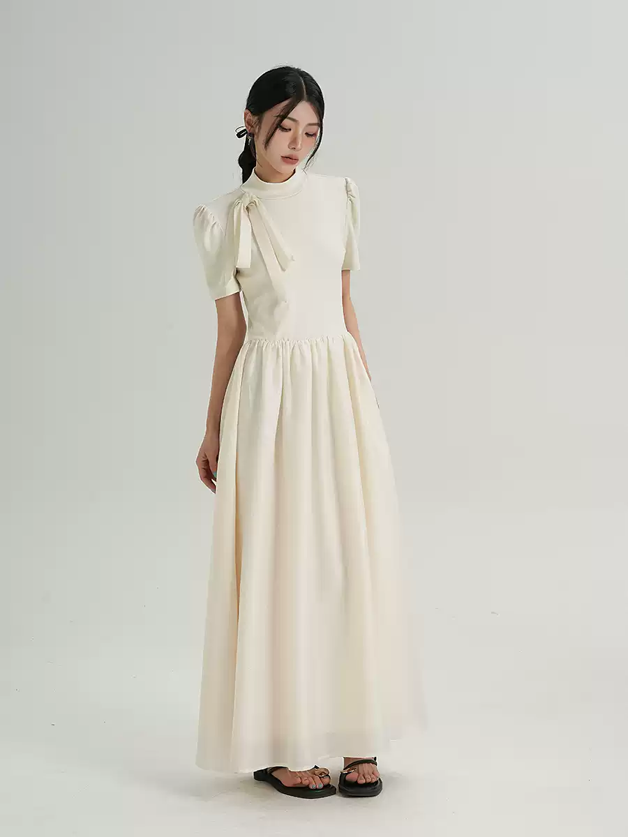 Puff Sleeve Mock Neck Maxi Dress with Bow Detail and Back Cutout - Image 4