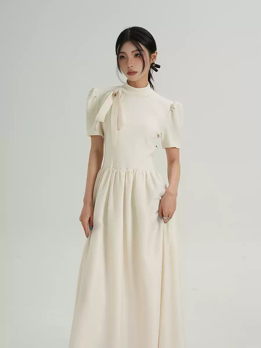 Puff Sleeve Mock Neck Maxi Dress with Bow Detail and Back Cutout - Image 5