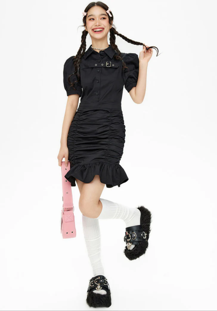 Puff Sleeve Ruffle Hem Ruched Midi Dress with Belt Detail - Image 10